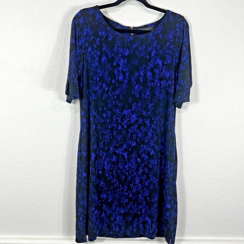 Tahari Shift Dress Womens 12 Blue Black Abstract Floral Watercolor Lined Work
